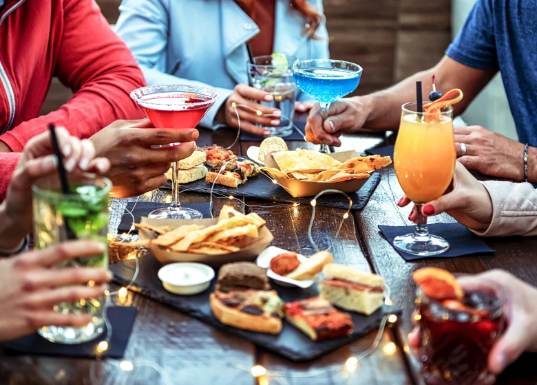 Colorful drinks and snacks on a table