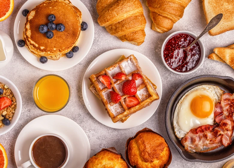 Breakfast assortment with waffles and pancakes